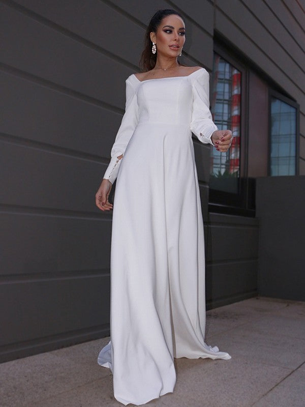 A-Line Square Neck Crepe Long Sleeve Ruffled Wedding Dress - Chloe Dress