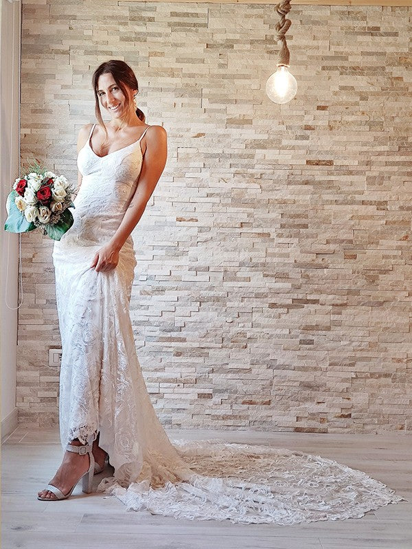 Sheath Spaghetti Strap Lace Sleeveless Train Wedding Dress - Chloe Dress
