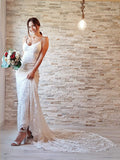 Sheath Spaghetti Strap Lace Sleeveless Train Wedding Dress - Chloe Dress