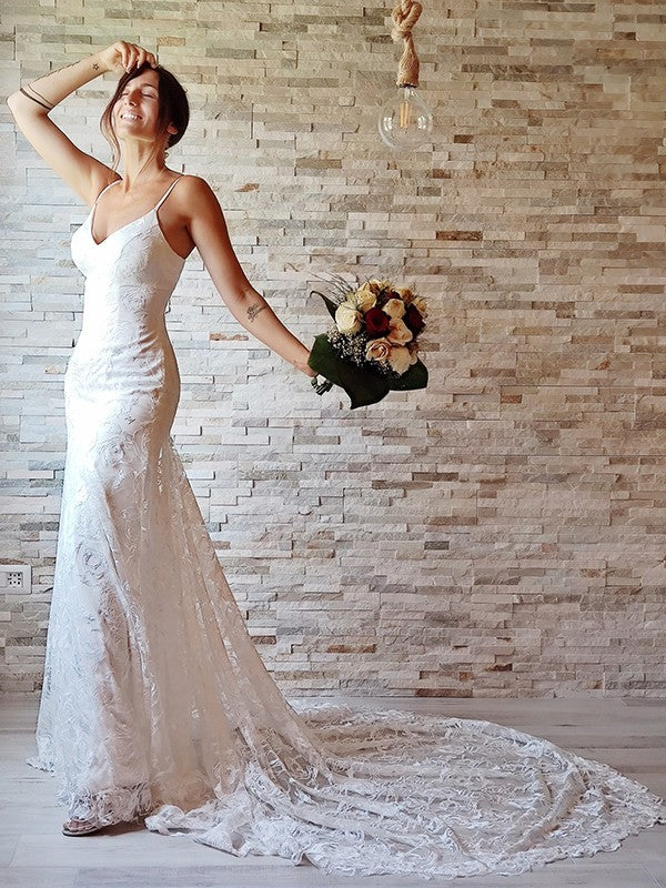Sheath Spaghetti Strap Lace Sleeveless Train Wedding Dress - Chloe Dress