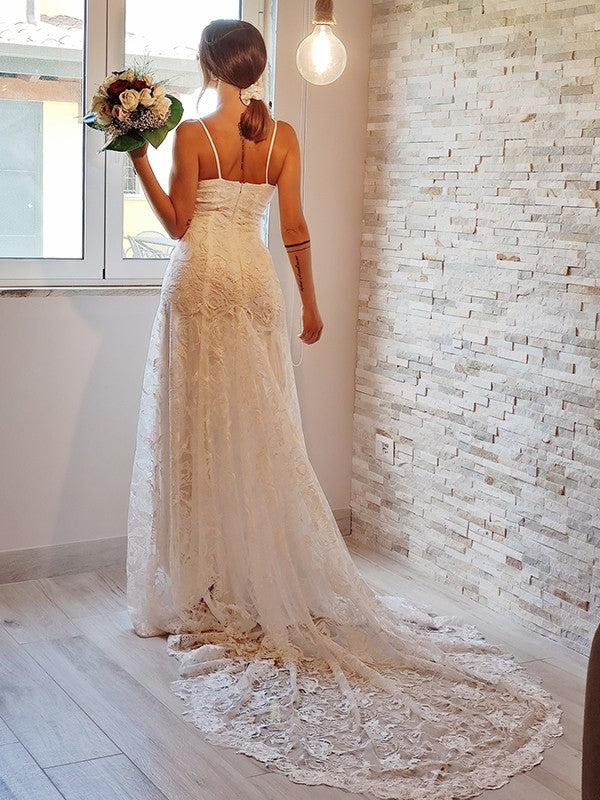 Sheath Spaghetti Strap Lace Sleeveless Train Wedding Dress - Chloe Dress