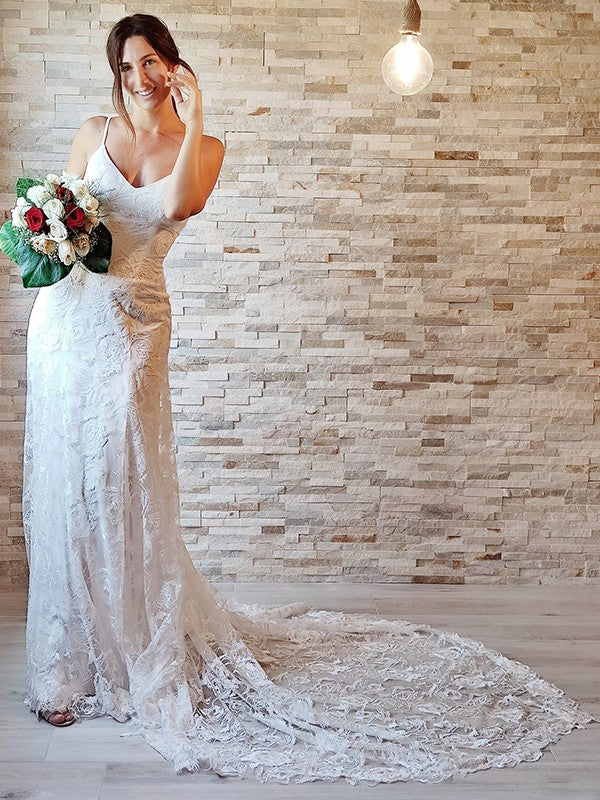 Sheath Spaghetti Strap Lace Sleeveless Train Wedding Dress - Chloe Dress