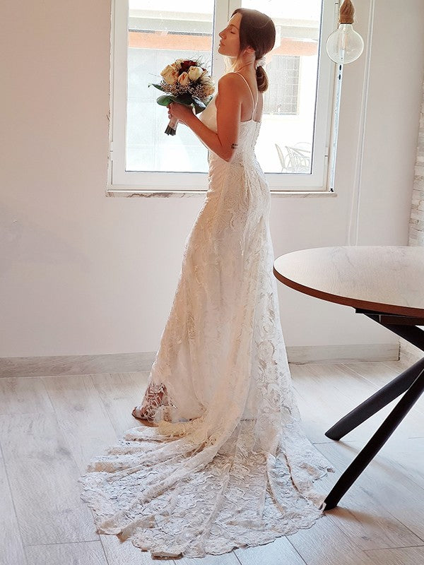 Sheath Spaghetti Strap Lace Sleeveless Train Wedding Dress - Chloe Dress