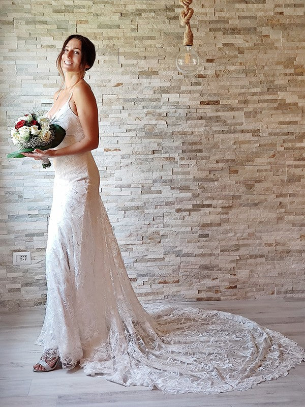 Sheath Spaghetti Strap Lace Sleeveless Train Wedding Dress - Chloe Dress