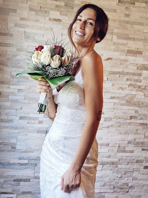 Sheath Spaghetti Strap Lace Sleeveless Train Wedding Dress - Chloe Dress