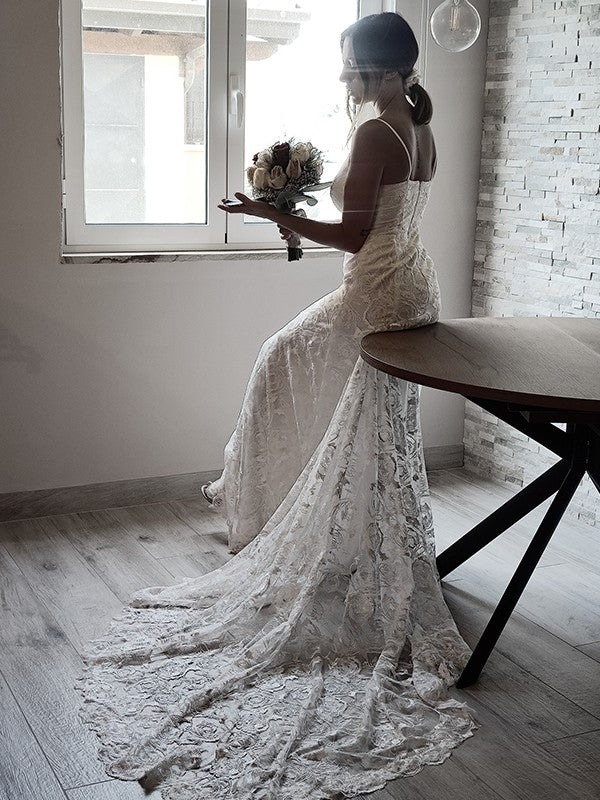 Sheath Spaghetti Strap Lace Sleeveless Train Wedding Dress - Chloe Dress