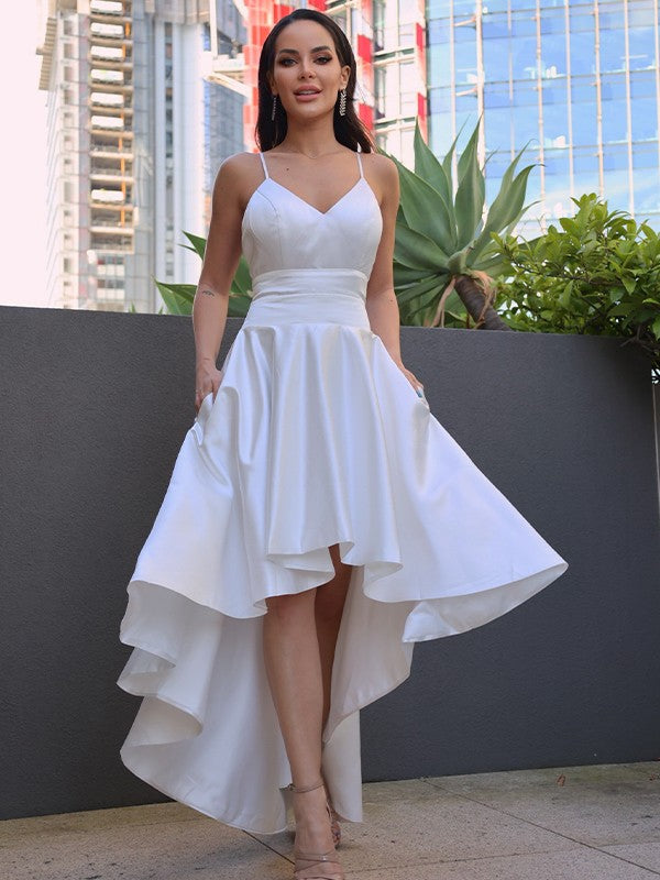 A-Line V-Neck Satin Sleeveless Asymmetric Wedding Dress - Chloe Dress