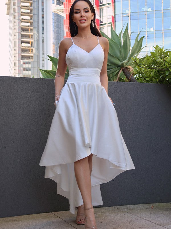 A-Line V-Neck Satin Sleeveless Asymmetric Wedding Dress - Chloe Dress