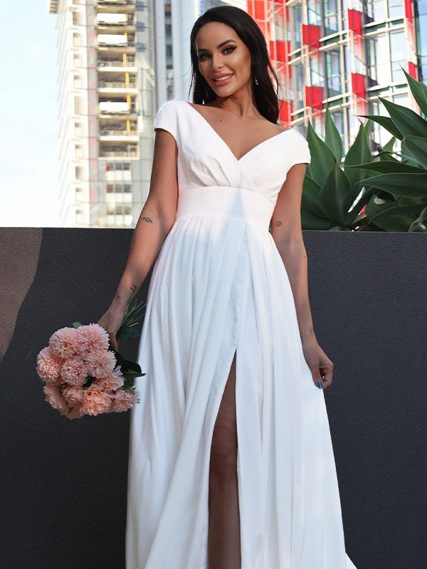 A-Line V-Neck Crepe Short Sleeve Ruffled Mini Wedding Dress - Chloe Dress