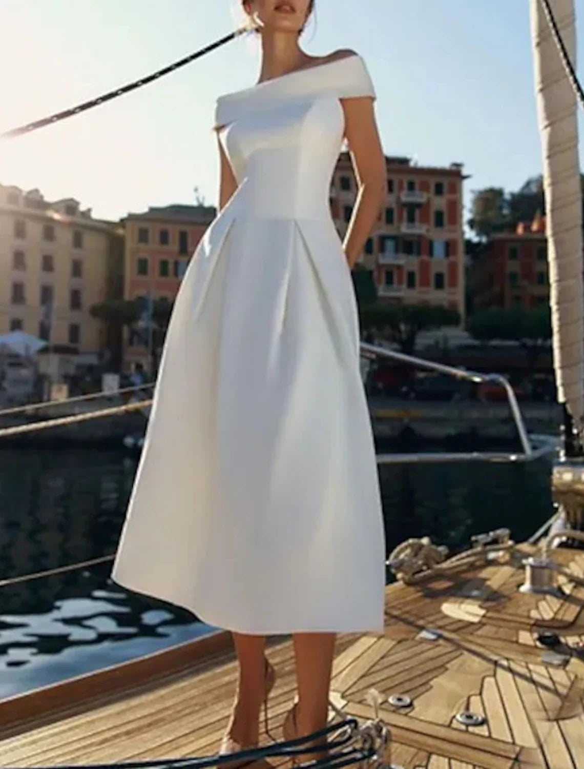 A-Line Off-Shoulder Satin Short Sleeve Mini Wedding Dress - Chloe Dress