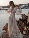 A-Line V-Neck Sequin Long Sleeve Open Back Pleated Wedding Gown - Chloe Dress