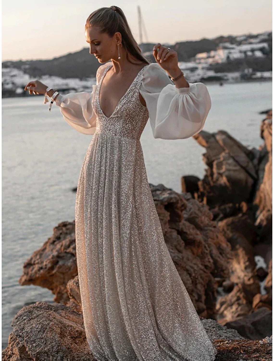 A-Line V-Neck Sequin Long Sleeve Open Back Pleated Wedding Gown - Chloe Dress