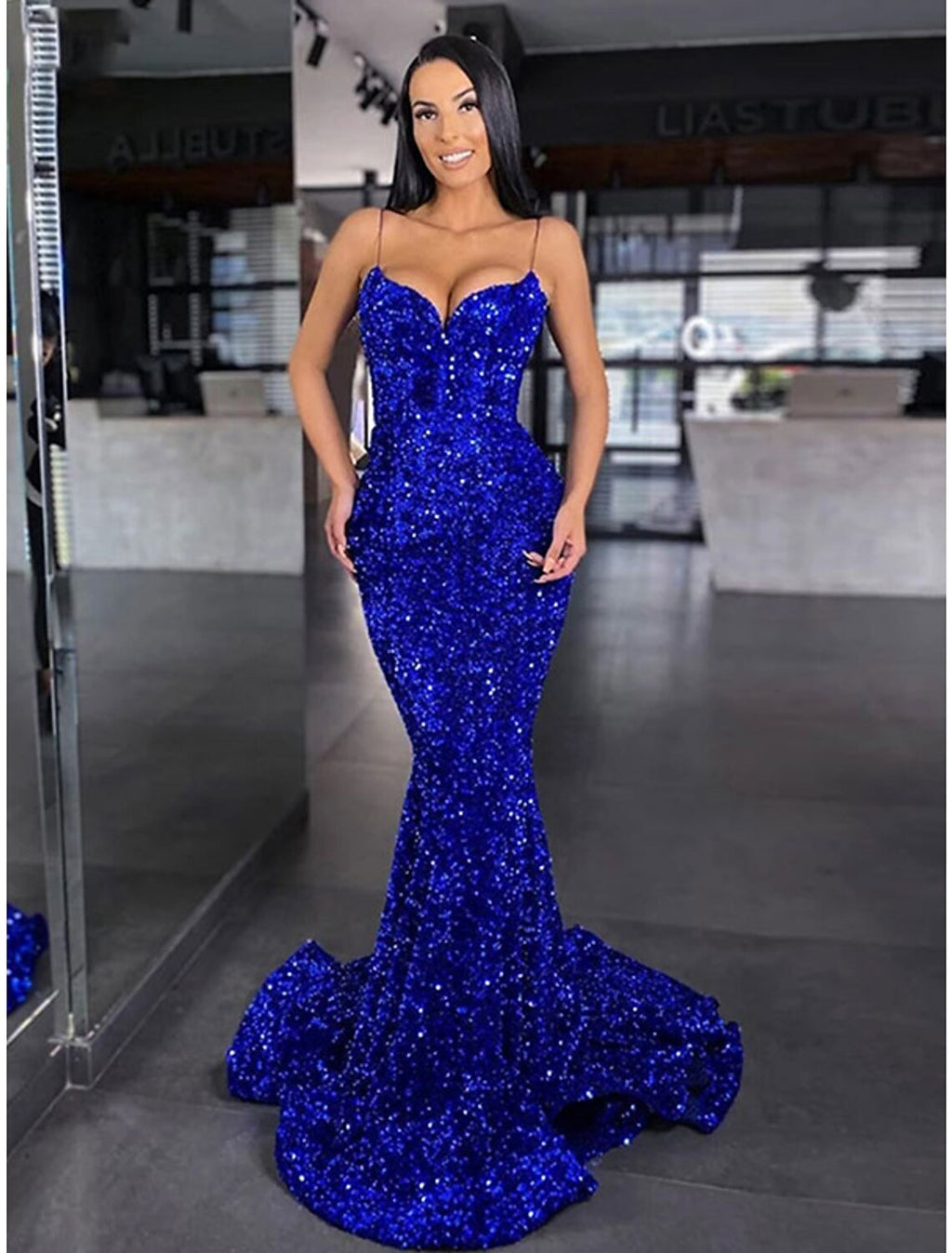 Mermaid Spaghetti Strap Sequin Sleeveless Backless Train Floor-Length Prom Dress - Chloe Dress