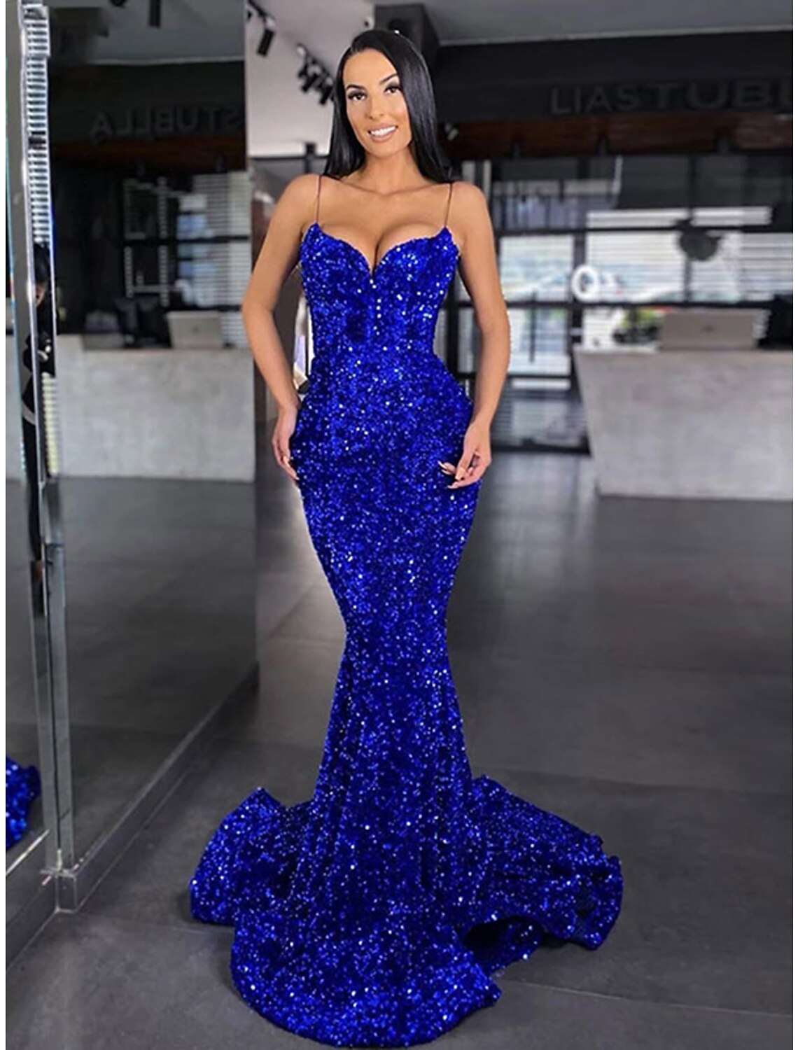 Mermaid Spaghetti Strap Sequin Sleeveless Backless Train Floor-Length Prom Dress - Chloe Dress