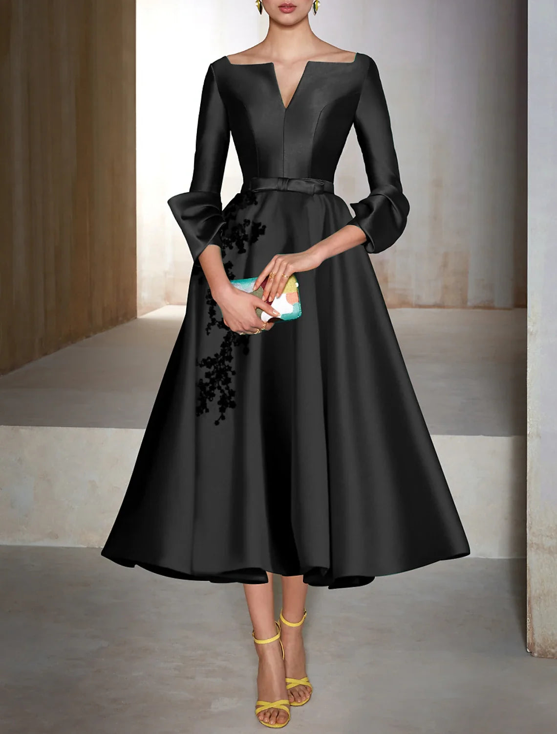 Green A-Line V-Neck Satin Three-Quarter Sleeve Applique Tea-Length Wedding Dress - Chloe Dress