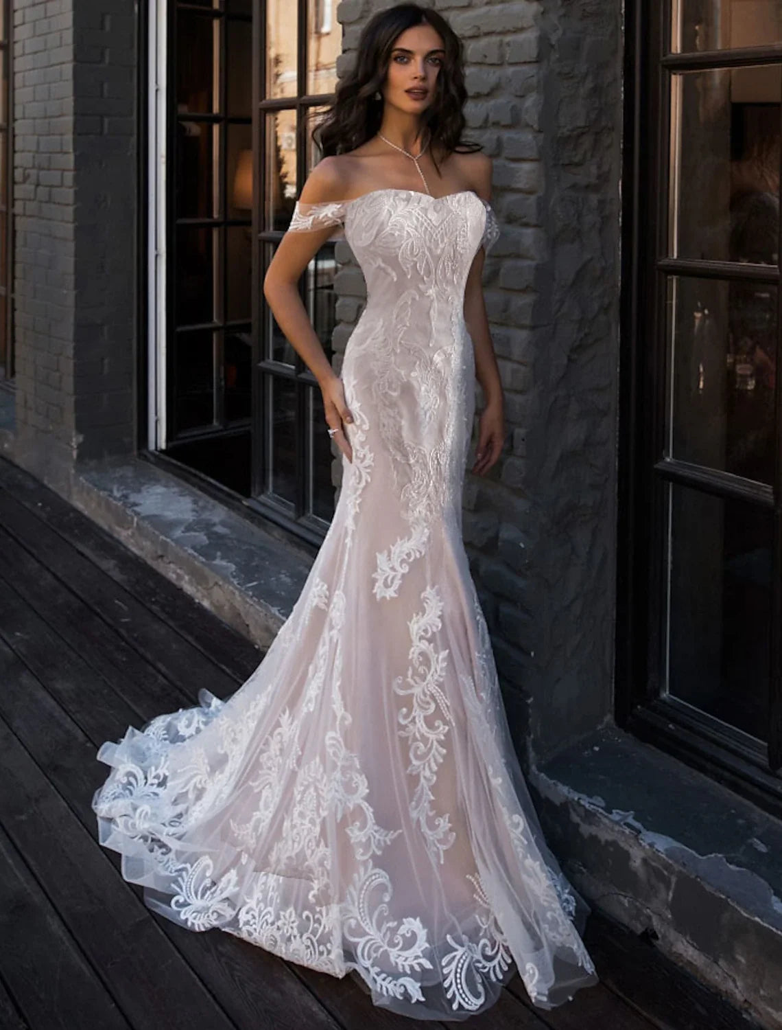 Mermaid Off-Shoulder Lace Cap Sleeve Train Wedding Gown - Chloe Dress
