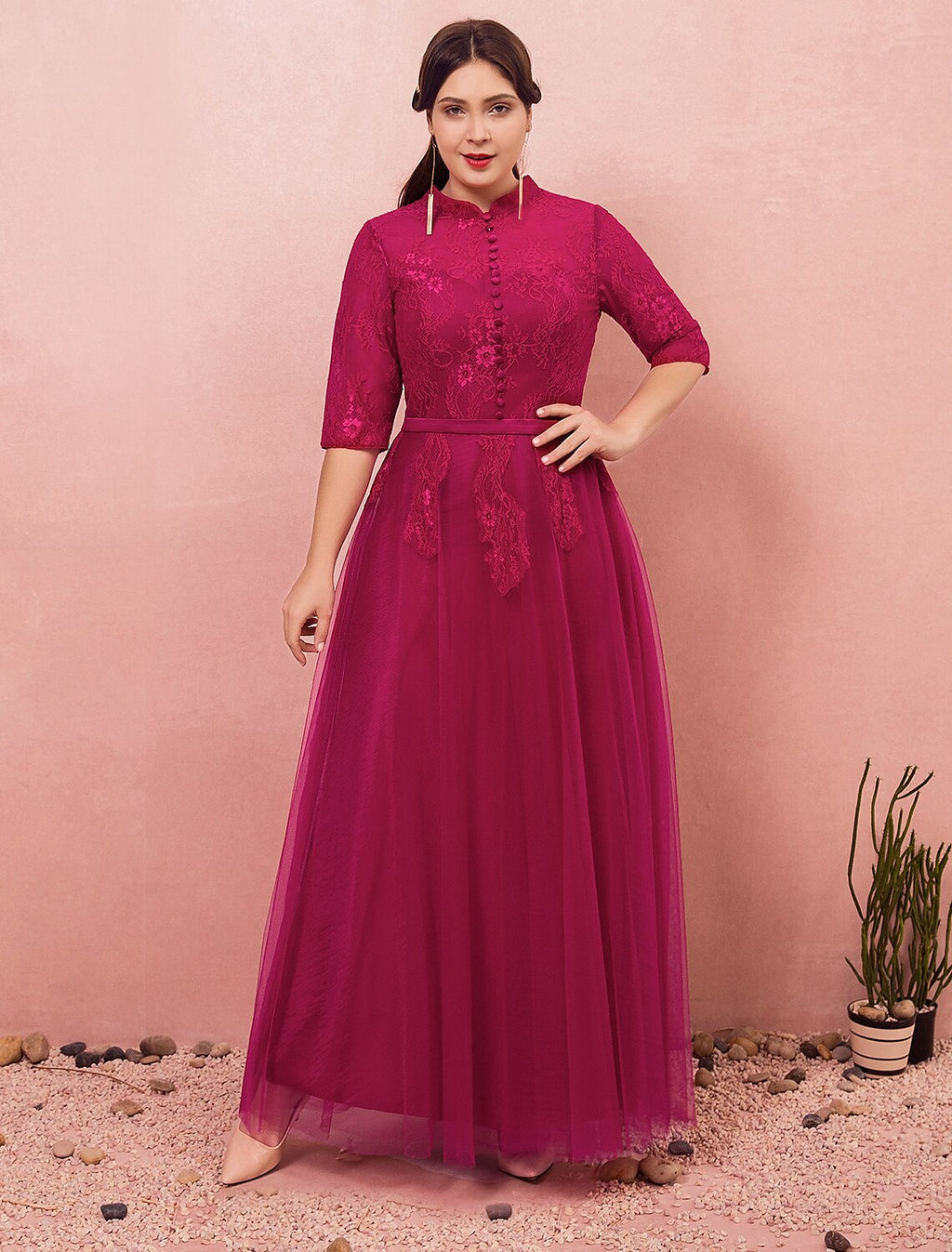 A-Line High Neck Lace Button Back Floor-Length Evening Dress - Chloe Dress
