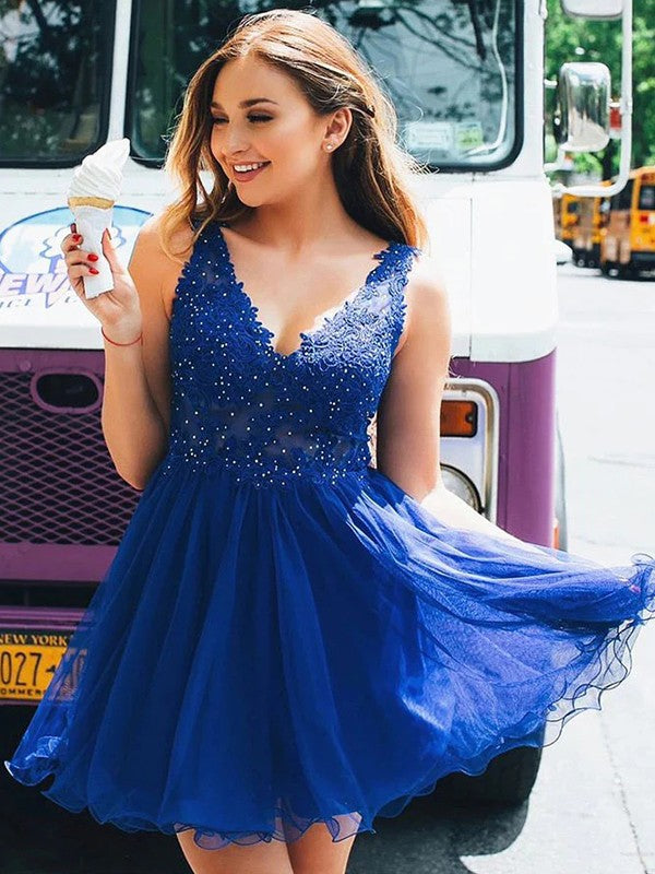 A-Line V-Neck Tulle Sleeveless Applique Mini Dress - Chloe Dress