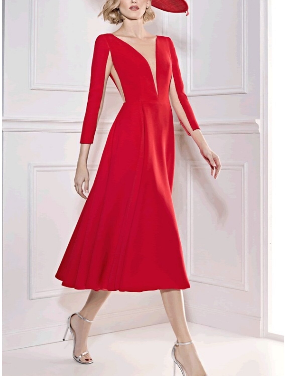 A-Line V-Neck Three-Quarter Sleeve Pleated Mini Cocktail Dress - Chloe Dress