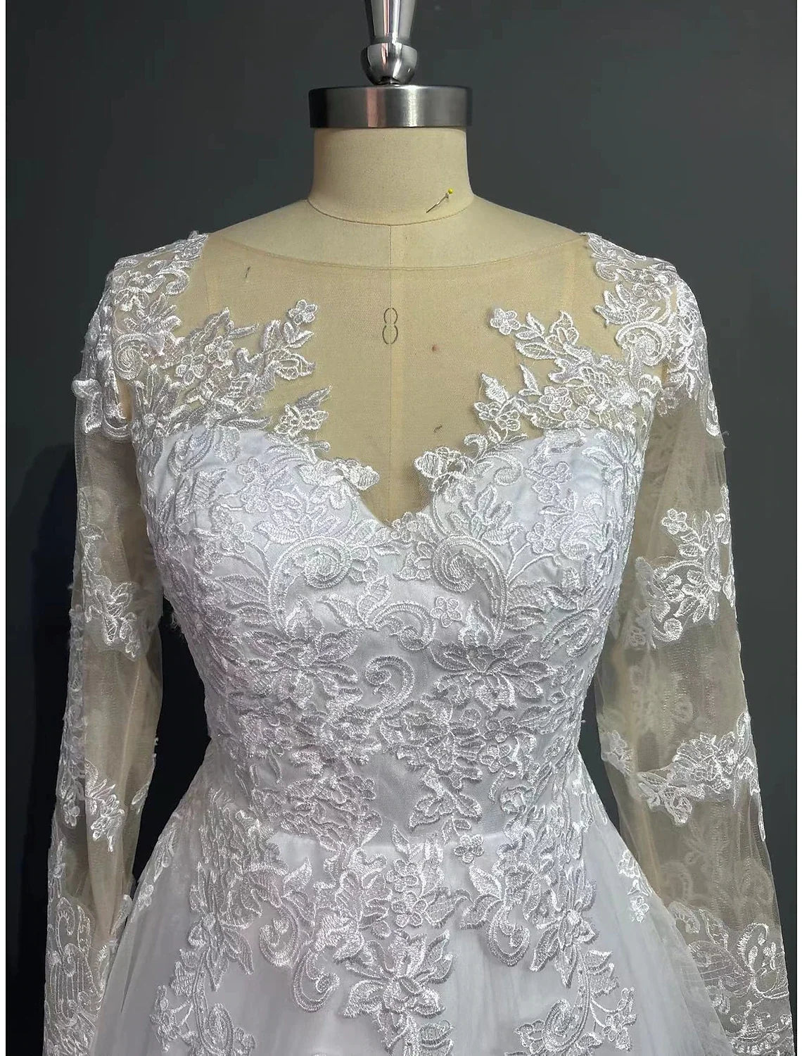 A-Line Illusion Lace Long Sleeve Open Back Train Wedding Gown - Chloe Dress