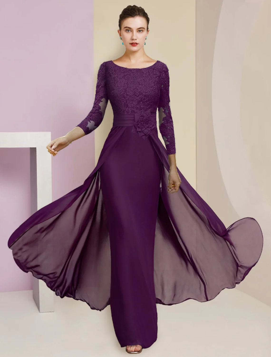 Sheath Chiffon Three-Quarter Sleeve Applique Floor-Length Formal Dress - Chloe Dress