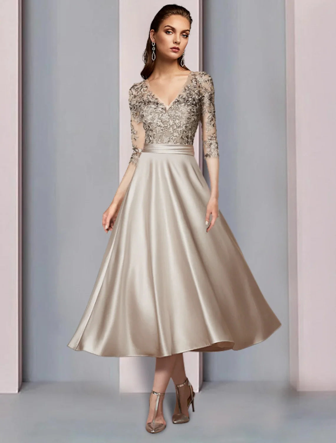A-Line V-Neck Satin Pleated Tea-Length Wedding Dress - Chloe Dress