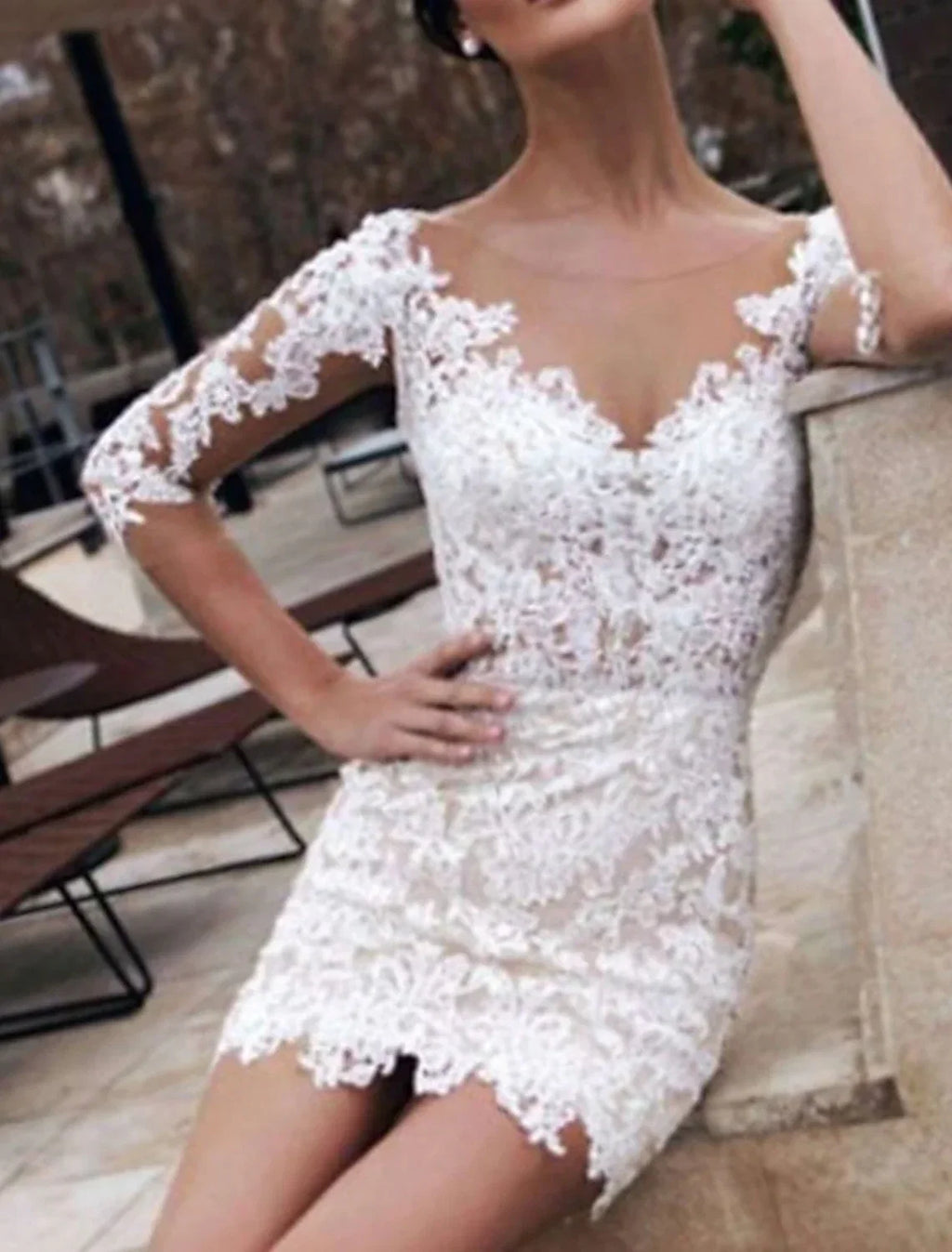White Sheath Illusion Lace Applique Mini Wedding Gown - Chloe Dress