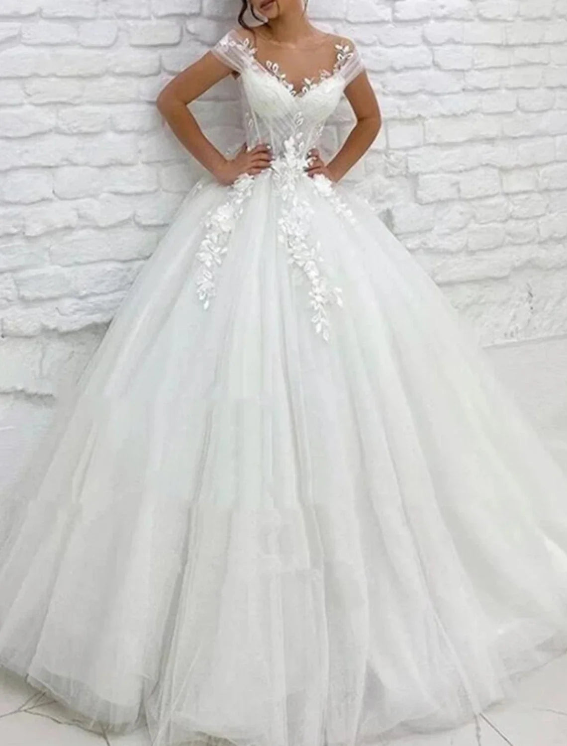 Ball Gown V-Neck Lace Cap Sleeve Train Wedding Gown - Chloe Dress