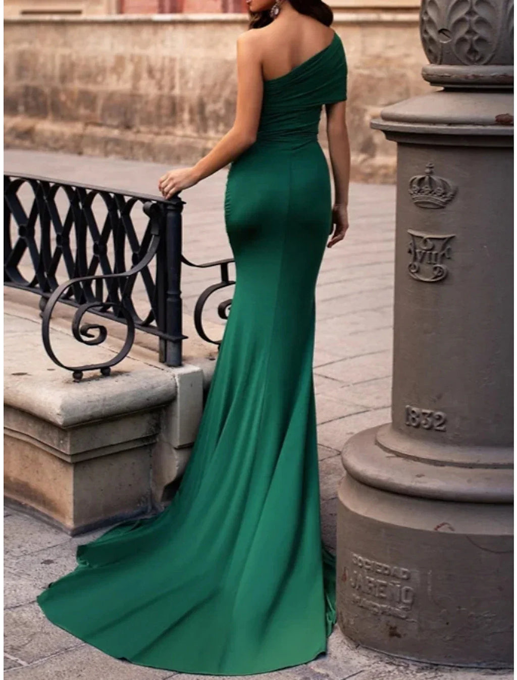 Green Mermaid One-Shoulder Short Sleeve High Slit Mini Evening Gown - Chloe Dress