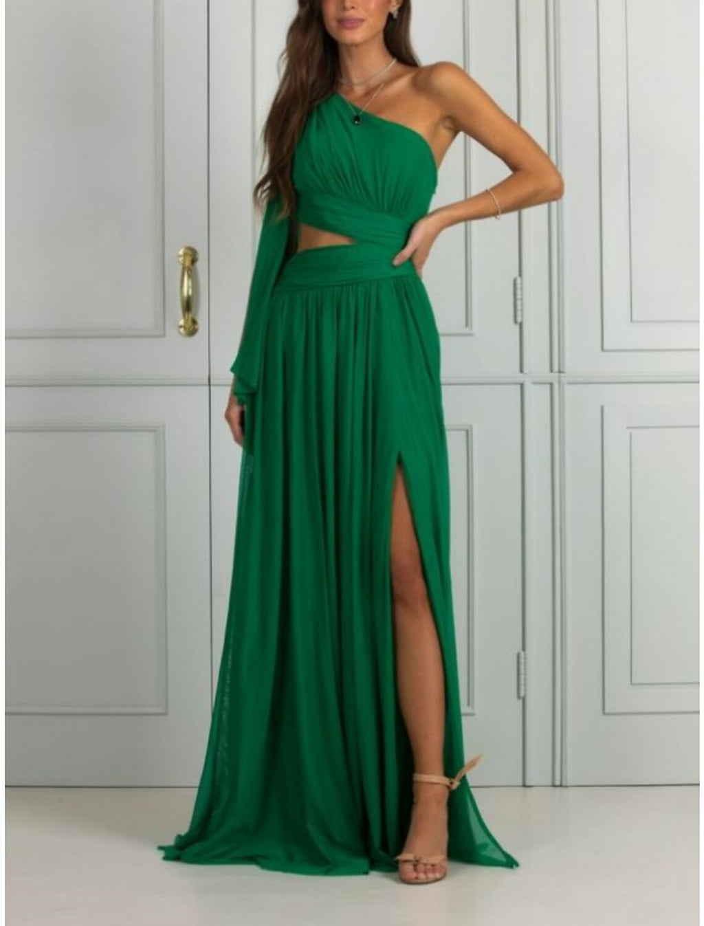 Green Sheath One-Shoulder Chiffon Sleeveless Pleated Floor-Length Dress - Chloe Dress