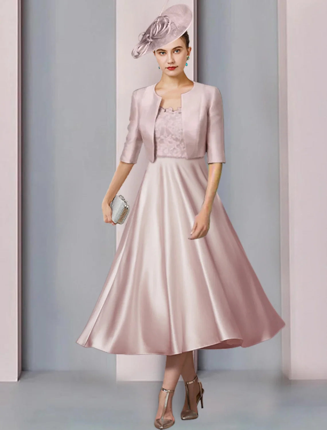 A-Line Satin Pleated Tea-Length Wedding Dress - Chloe Dress