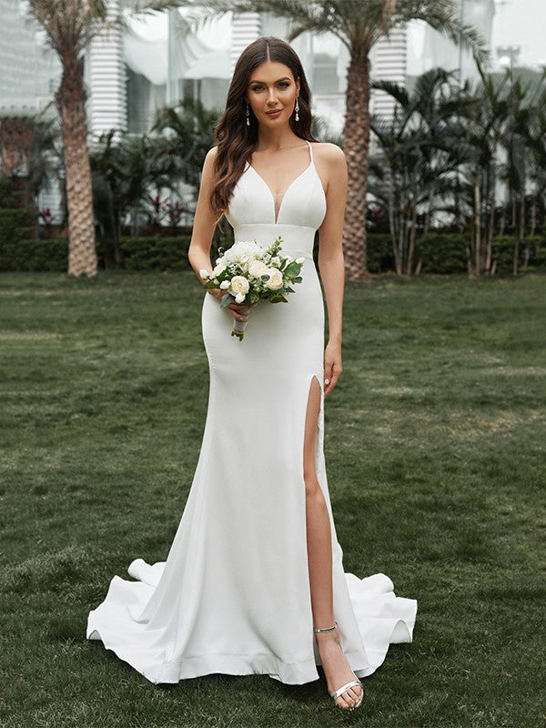 Sheath Halter Crepe Sleeveless Ruffled Wedding Dress - Chloe Dress