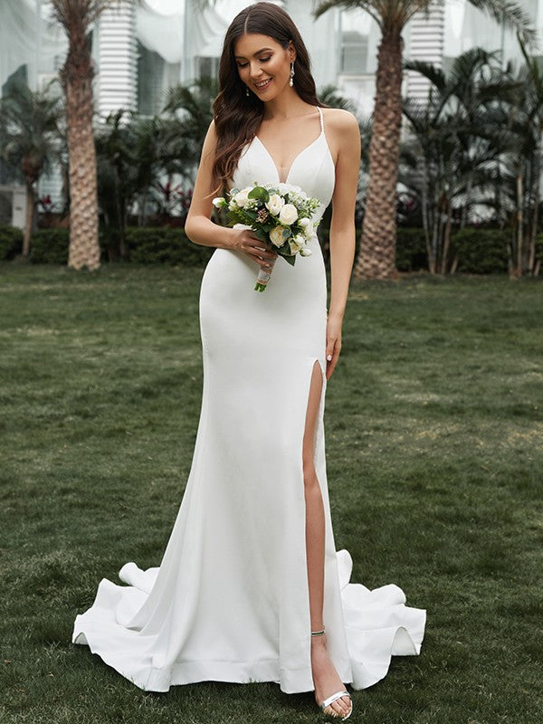 Sheath Halter Crepe Sleeveless Ruffled Wedding Dress - Chloe Dress