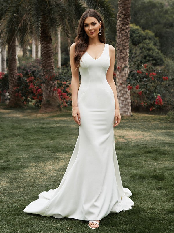 Sheath V-Neck Crepe Sleeveless Ruffled Wedding Dress - Chloe Dress