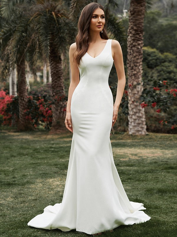 Sheath V-Neck Crepe Sleeveless Ruffled Wedding Dress - Chloe Dress