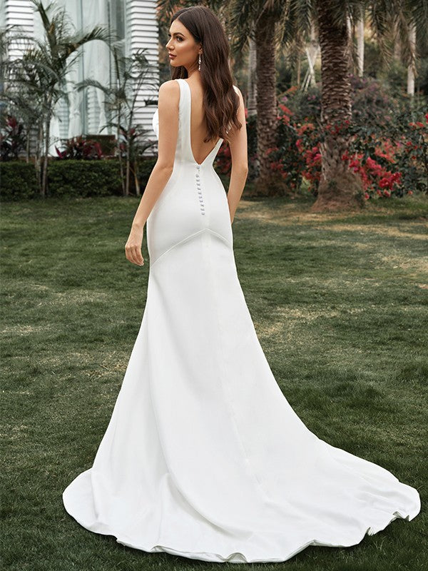 Sheath V-Neck Crepe Sleeveless Ruffled Wedding Dress - Chloe Dress