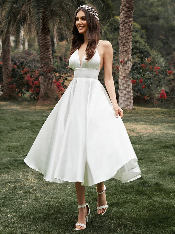 A-Line V-Neck Satin Sleeveless Ruffled Tea-Length Wedding Dress - Chloe Dress