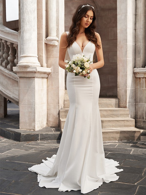 Mermaid V-Neck Crepe Sleeveless Ruffled Wedding Dress - Chloe Dress