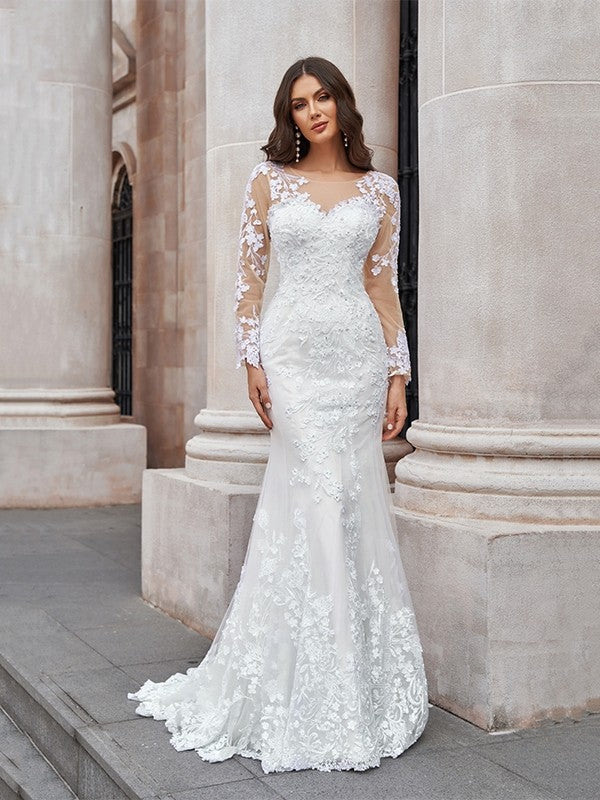 Mermaid Tulle Long Sleeve Train Wedding Dress - Chloe Dress