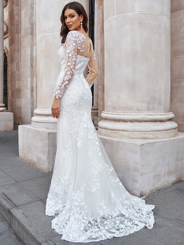 Mermaid Tulle Long Sleeve Train Wedding Dress - Chloe Dress