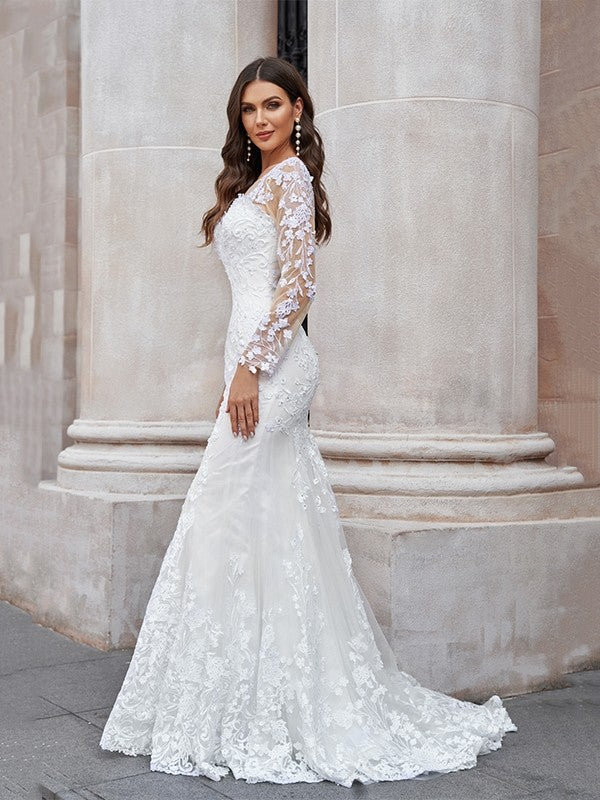 Mermaid Tulle Long Sleeve Train Wedding Dress - Chloe Dress