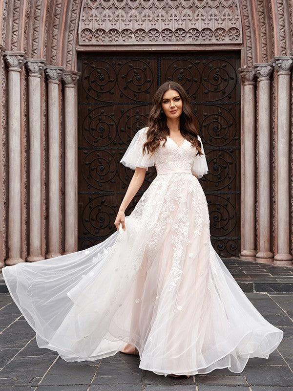 A-Line V-Neck Tulle Train Wedding Dress - Chloe Dress