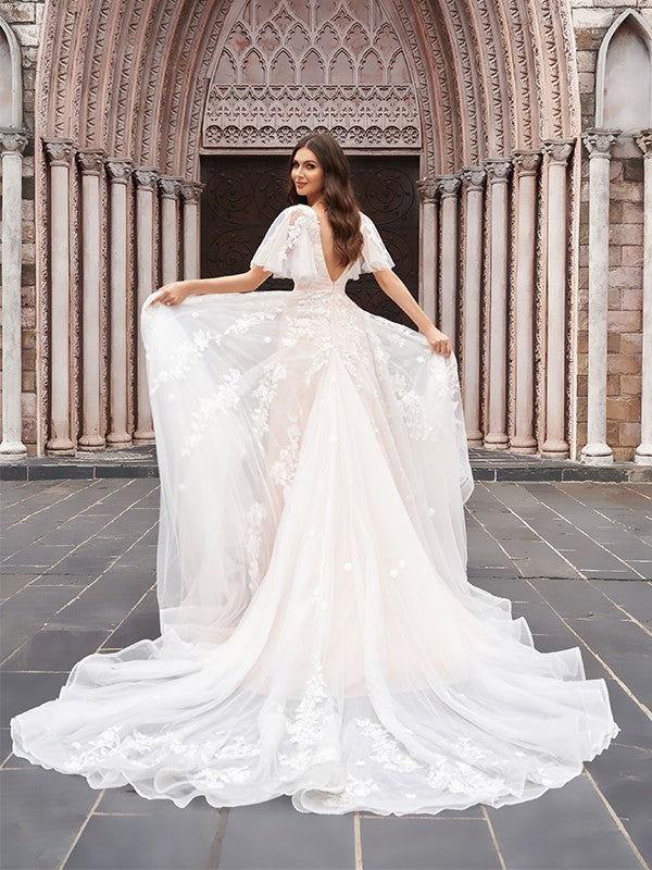 A-Line V-Neck Tulle Train Wedding Dress - Chloe Dress