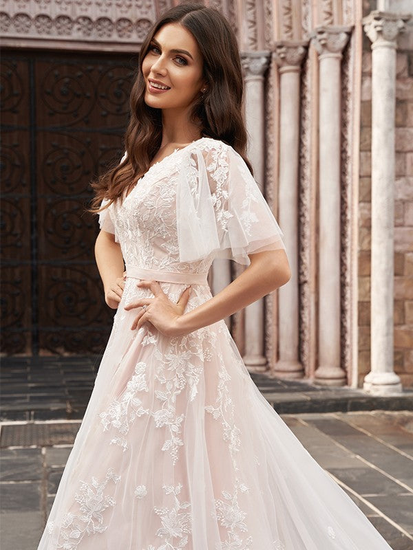 A-Line V-Neck Tulle Train Wedding Dress - Chloe Dress