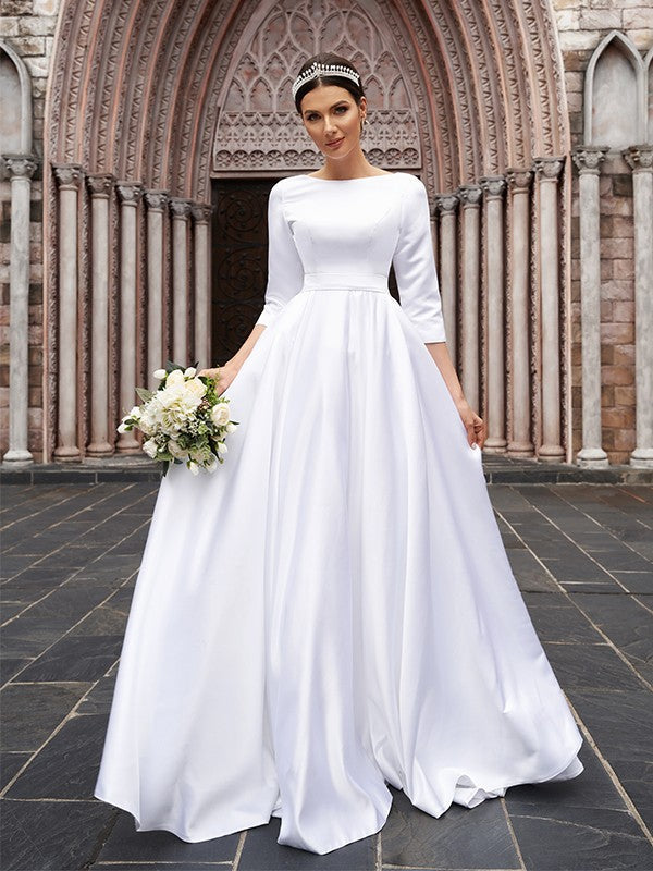 A-Line Satin Three-Quarter Sleeve Train Tea-Length Wedding Dress - Chloe Dress