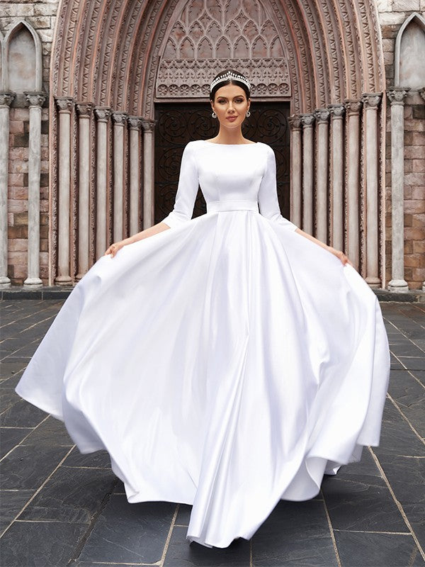 A-Line Satin Three-Quarter Sleeve Train Tea-Length Wedding Dress - Chloe Dress