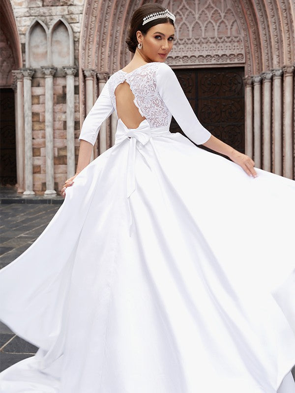 A-Line Satin Three-Quarter Sleeve Train Tea-Length Wedding Dress - Chloe Dress