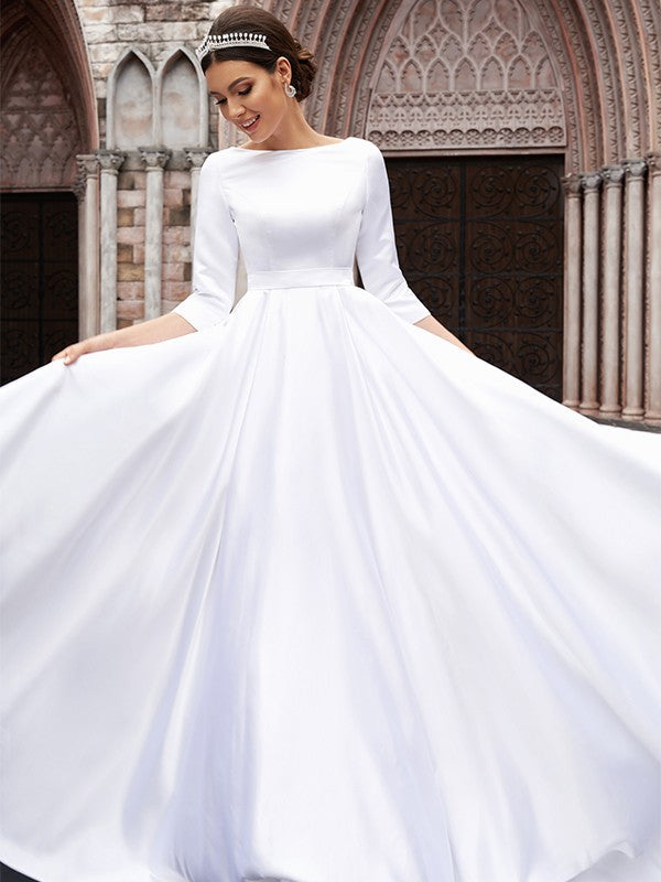 A-Line Satin Three-Quarter Sleeve Train Tea-Length Wedding Dress - Chloe Dress