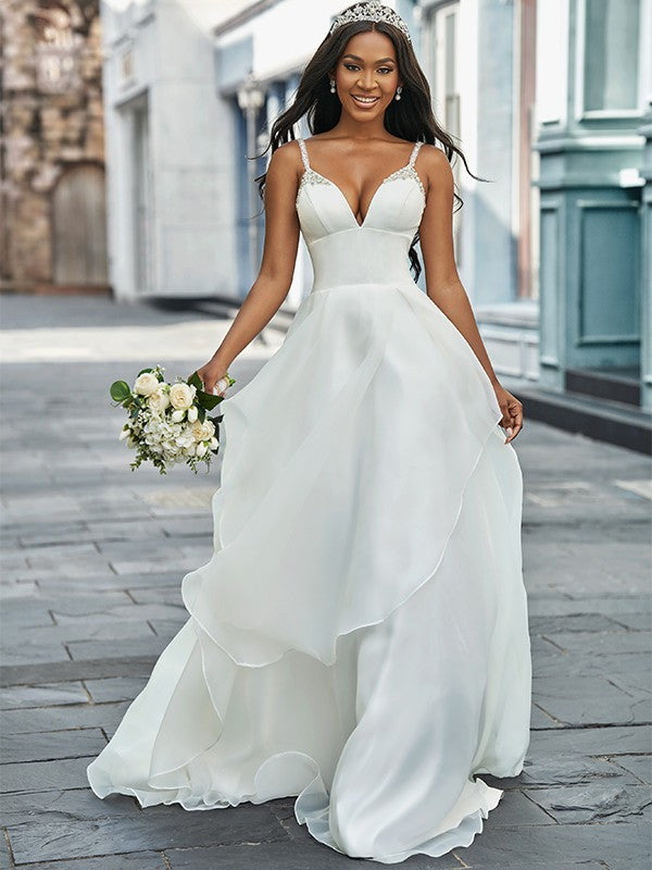 A-Line V-Neck Organza Sleeveless Train Wedding Dress - Chloe Dress