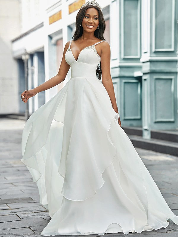 A-Line V-Neck Organza Sleeveless Train Wedding Dress - Chloe Dress